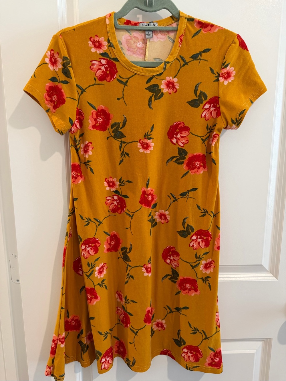J for Justify Mustard Floral Tee Dress with Red Blooms